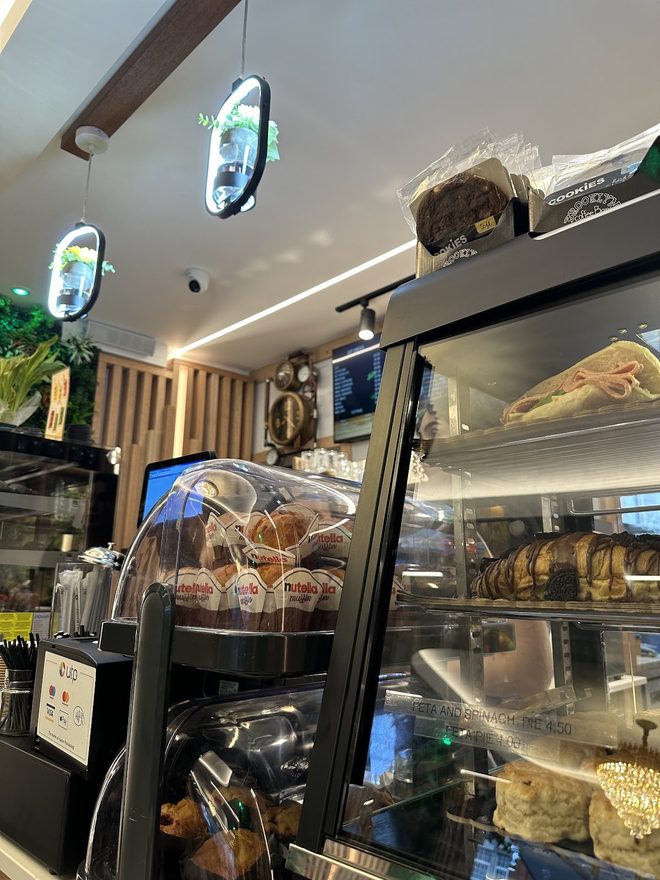 The food display seen from the side under track lighting.
